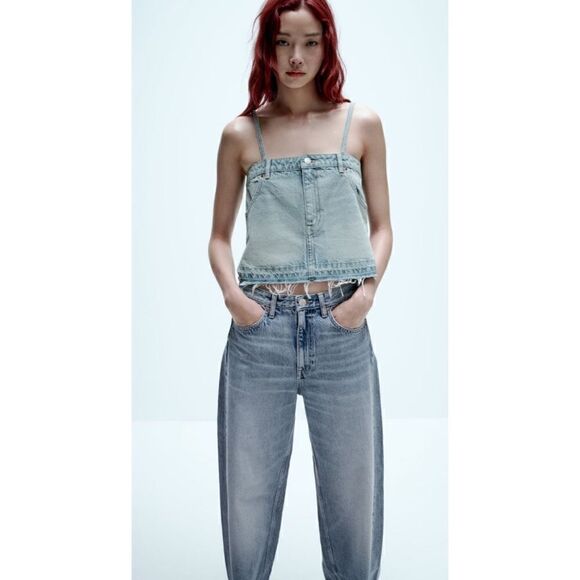 NWT Zara Light Wash Raw Released Hem Mini Skirt Effect Denim Cropped Top, XS - Picture 7 of 15